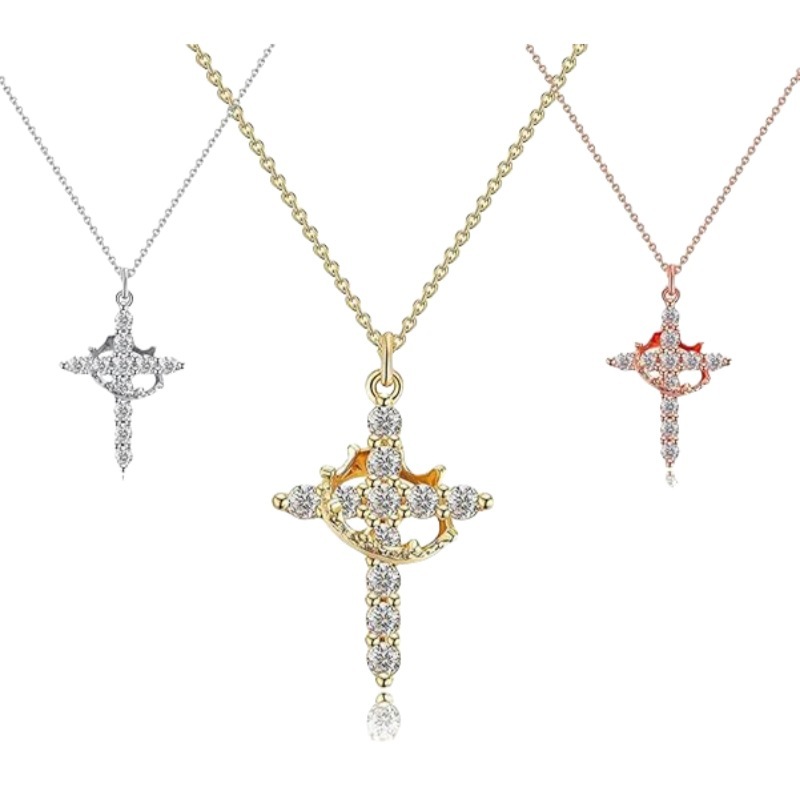 Cross-border Explosions Crown Cross Necklace Ladies 14K Gold Plated Crown Necklace Simple Diamond Necklace Faith Cross-border Explosions Crown Cross Necklace Ladies 14K Gold Plated Crown Necklace Simple Diamond Necklace Faith