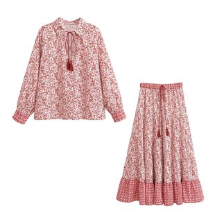 24 WF AliExpress Spring New Printed Pullover Lace-up Long Sleeve Shirt Lace-up Long Skirt suit Women