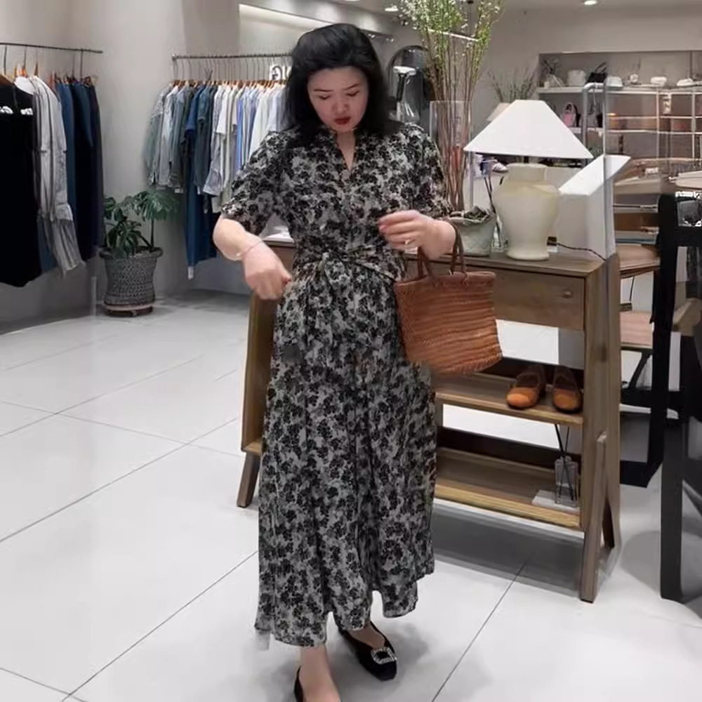 Đầm maxi hoa nhí phong cách Pháp chất liệu chiffon tay ngắn thắt eo — Hoa nhỏ