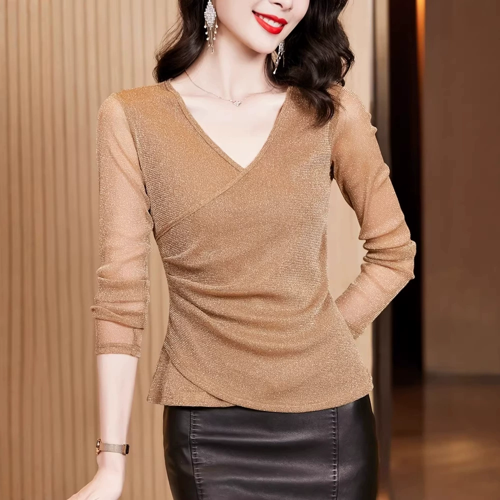 Фактический снимок новых модных универсальных ярких шелковых сетчатых топов с длинными рукавами и перекрестным v-образным вырезом для женщин черного, серого, синего цвета.