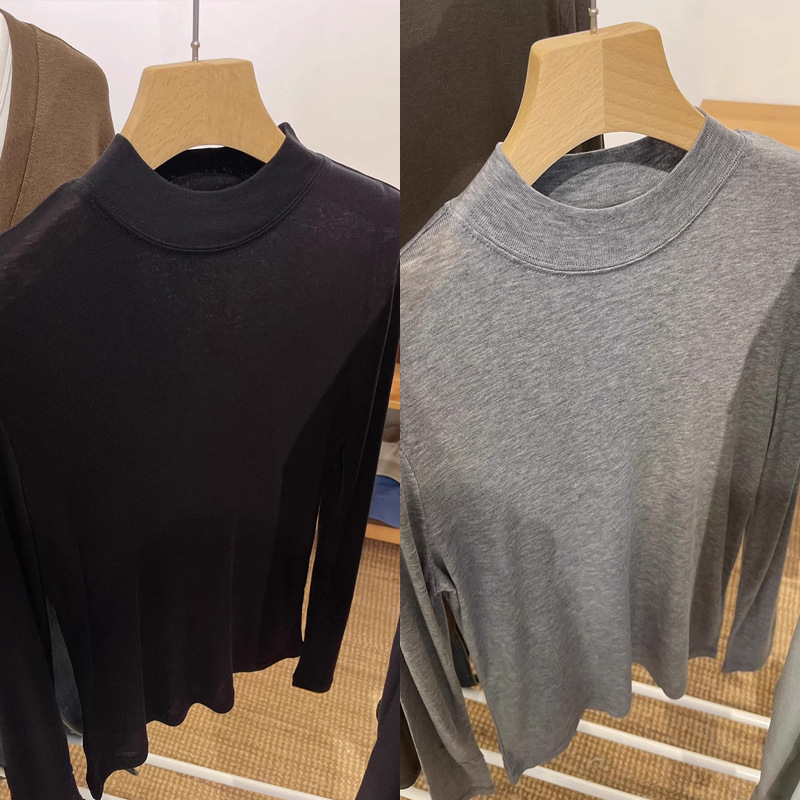 テンセルウールマスクTシャツレディース初秋薄手長袖右肩トップス白インナーハーフタートルネックボトリングシャツ|undefined