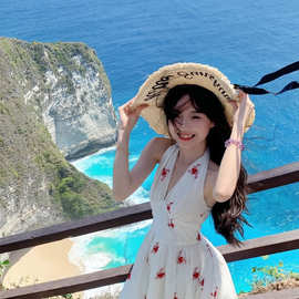 海边度假风挂脖露背连衣裙女夏季气质收腰长裙子氛围感节日礼服裙