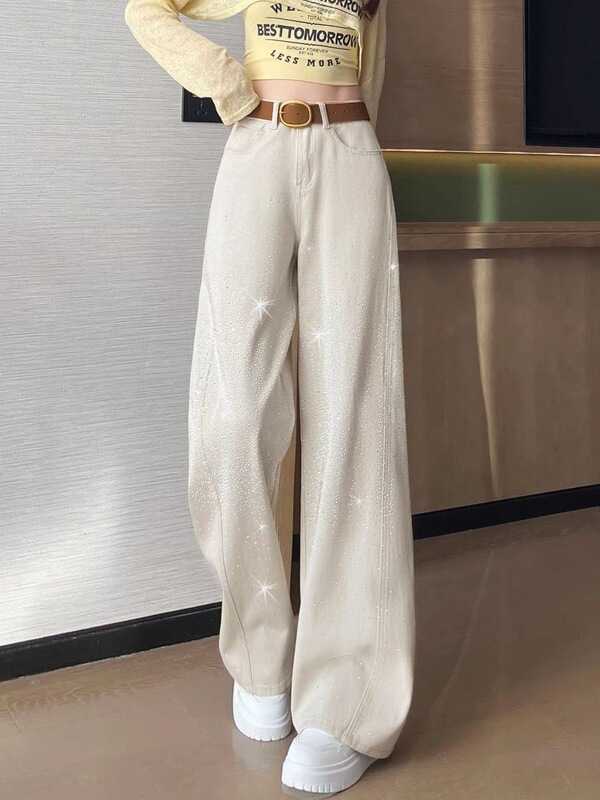 Sparkling starry denim jeans for women, wide-leg, loose fit, 2026 new autumn/winter collection, petite size, straight-leg long pants