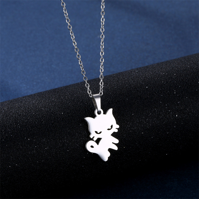 fashion cute kitten stainless steel earrings necklace set