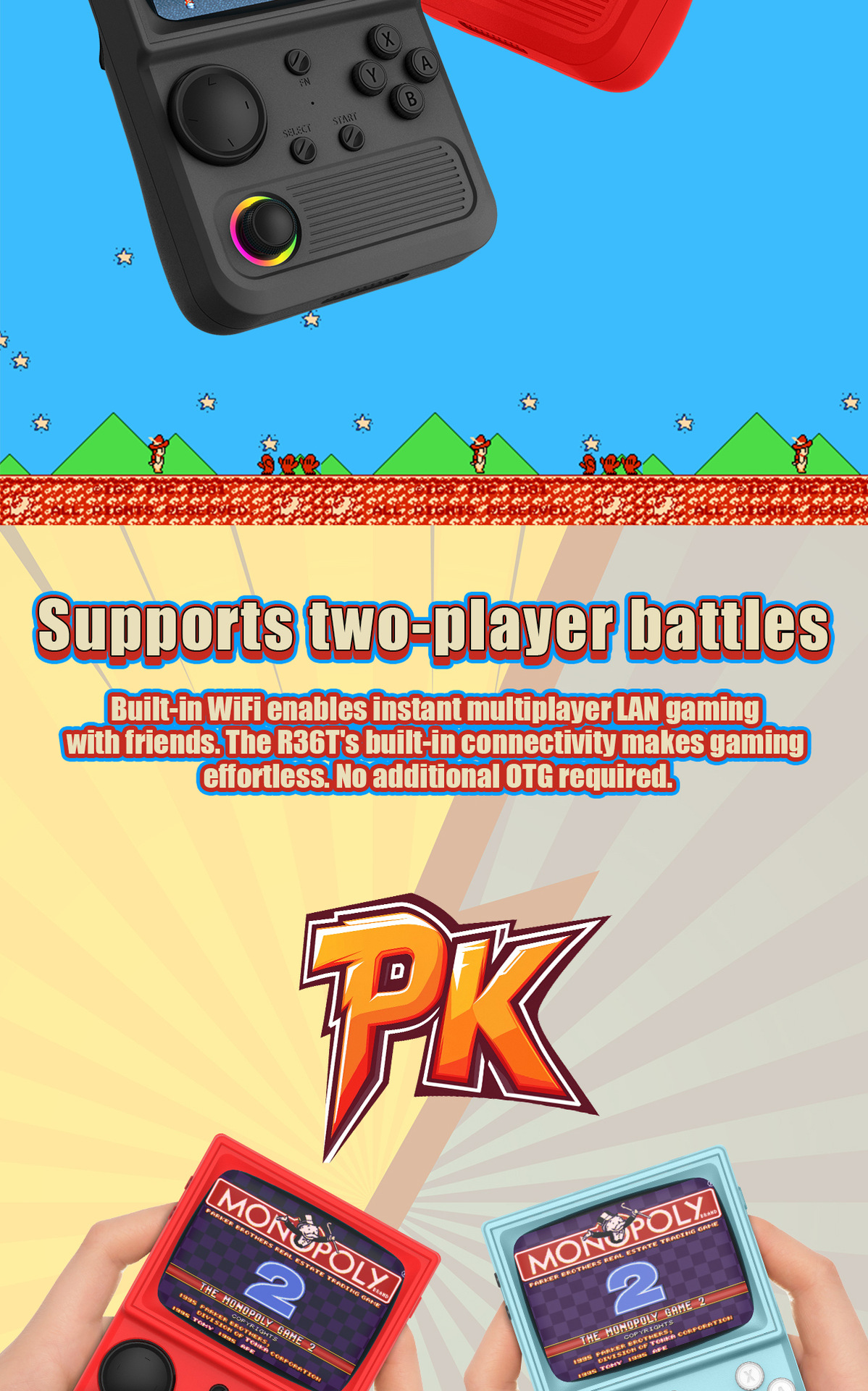 2025 Nuova console portatile R36T compatibile con WiFi, stile retrò arcade, per due giocatori online._voghion.com