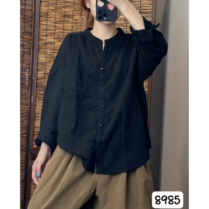 2025秋韩版宽松贴布大口袋双层纱立领衬衫百搭休闲衬衣女8985|undefined