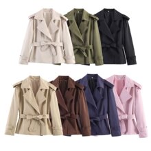 欧美2026春夏款多色英伦风系腰带大翻领风衣 双排扣外套M10-A376