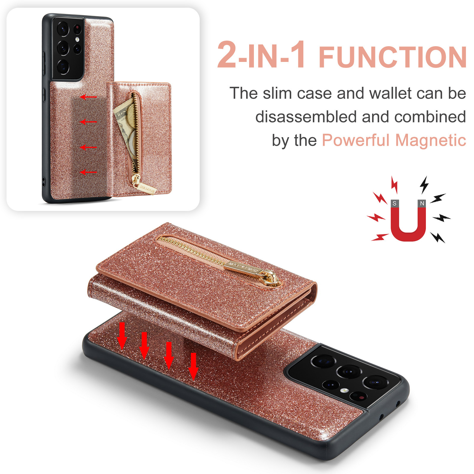 M3 per Samsung S21 Ultra 2 in 1 custodia in pelle glitterata con ventosa magnetica custodia per telefono diviso custodia protettiva portafoglio S21_voghion.com