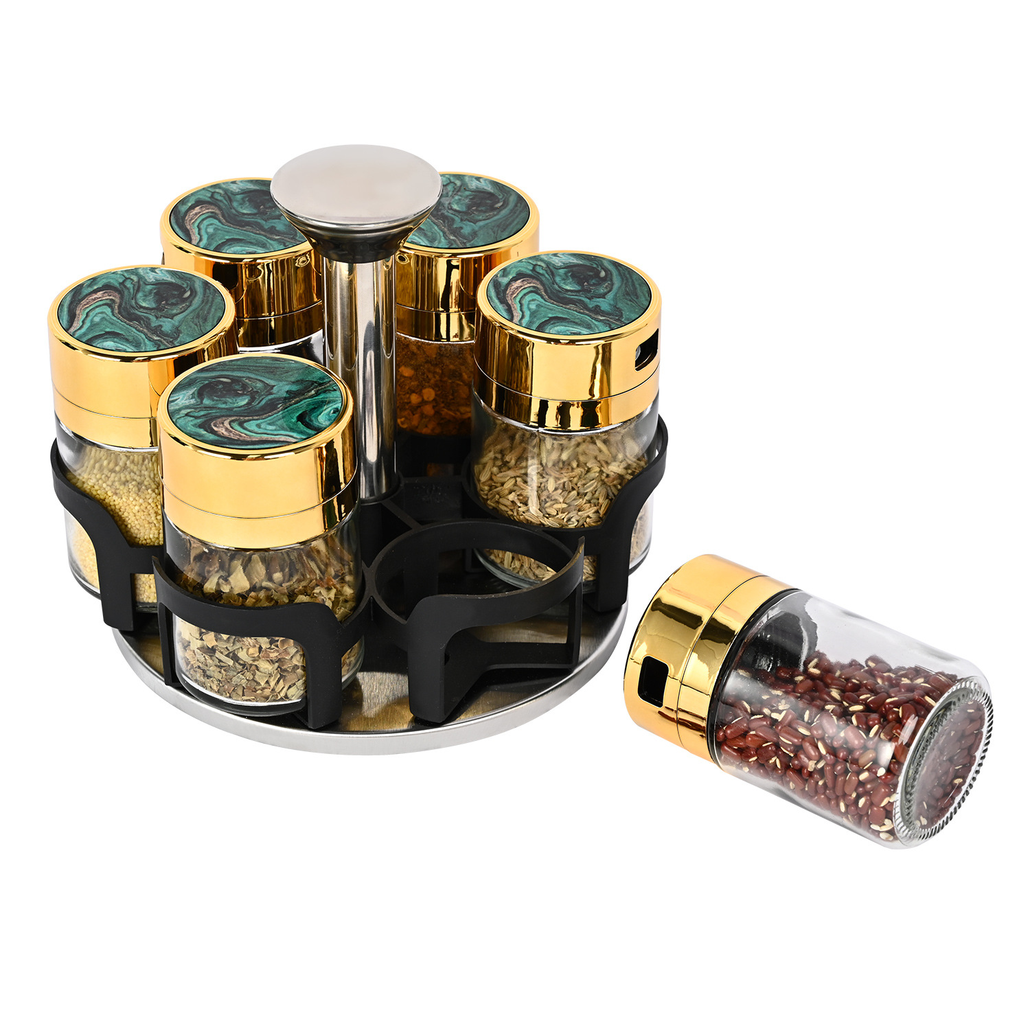 Creativo nuevo lujo ligero condimento rack traje a prueba de fugas vidrio condimento tarro sal tarro rotatorio condimento botella cocina suministros