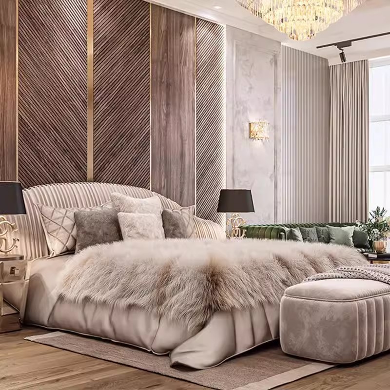 All-leather bed, light luxury modern matte leather villa master bedroom wide-screen bed, custom-built home high-end genuine leather bed.
