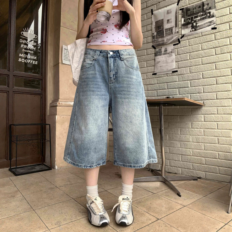 Women's Summer Slim-Fit Versatile Straight-Leg Denim Capri Pants, Loose Wide-Leg Capri Pants for Girls