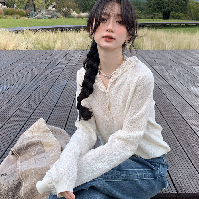 港米服饰/叠穿小帽衫 拼接蕾丝网纱白内搭女连帽小毛衫上衣