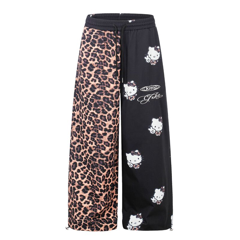 2026 Summer Retro Leopard Print Hello Kitty Wide-Leg Pants for Women, Unique Patchwork Loose Casual Long Pants