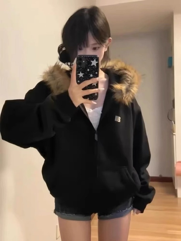 棒球服连帽卫衣女美式复古高街毛领春秋oversize秋冬加厚韩系外套|undefined