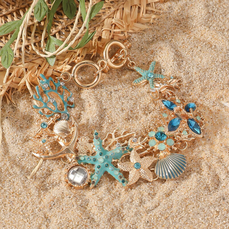 Chayi Bohemian Marine Element Bracelet Copper Inlaid Metal Starfish Coral Shell Deli Charm Bracelet Jewelry Chayi Bohemian Marine Element Bracelet Copper Inlaid Metal Starfish Coral Shell Deli Charm Bracelet Jewelry