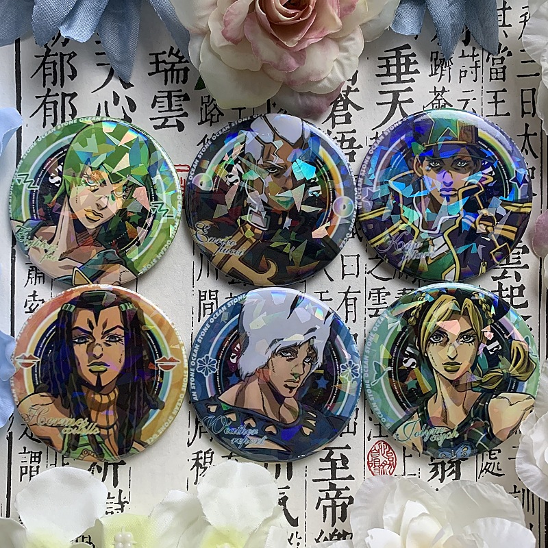 JOJO's Bizarre Adventure Jolly Roger & Jotaro Kujo Anime Merchandise: Laser Tin Badges and Stickers
