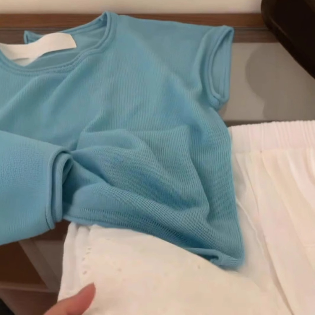 Lake blue knitted short-sleeved shirt for women 2024 summer new…