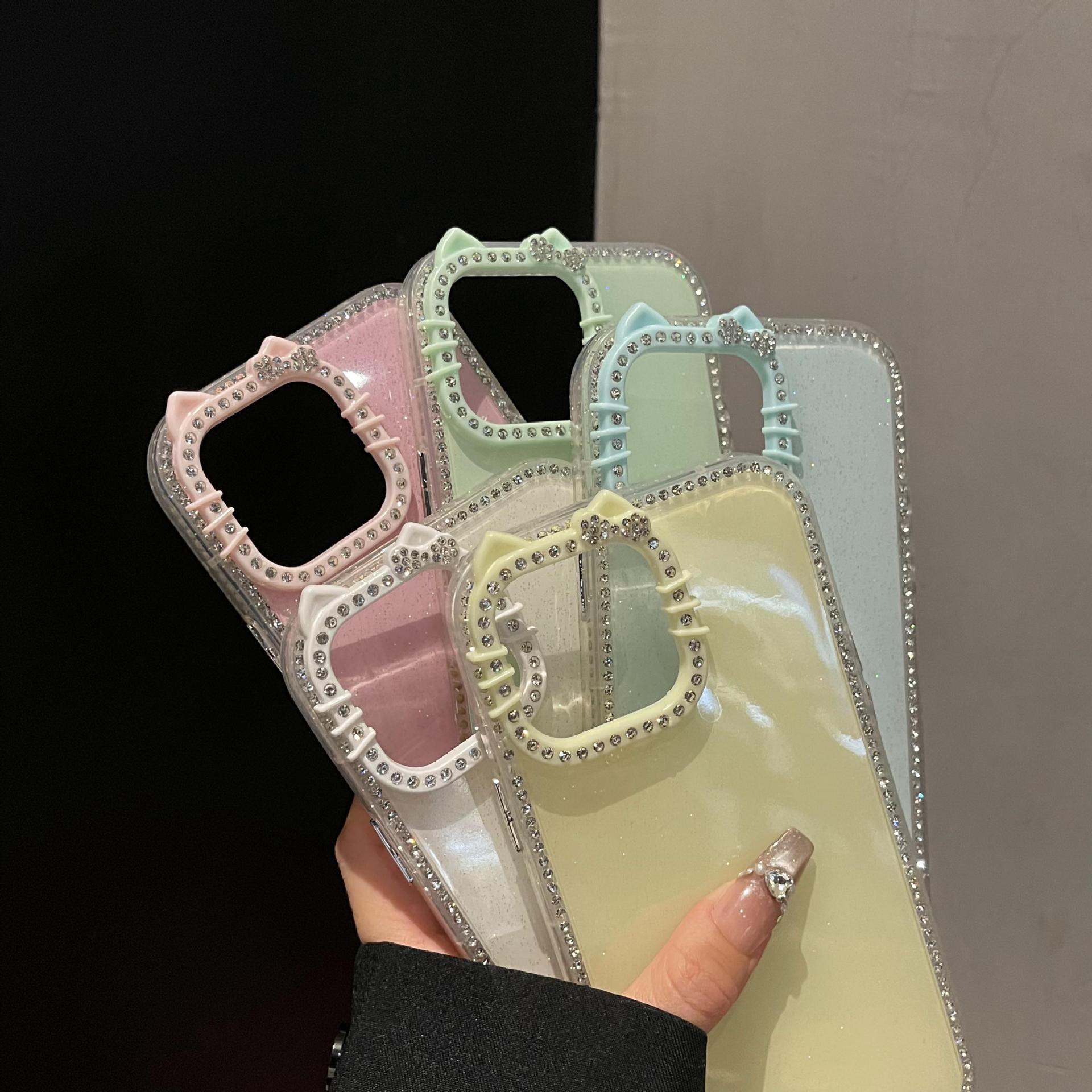 High-Looking Cat Ears with Diamond Glitter Powder Suitable for Apple 16Promax Mobile Phone Case 15Pro Accessible Luxury 14/13 New Style