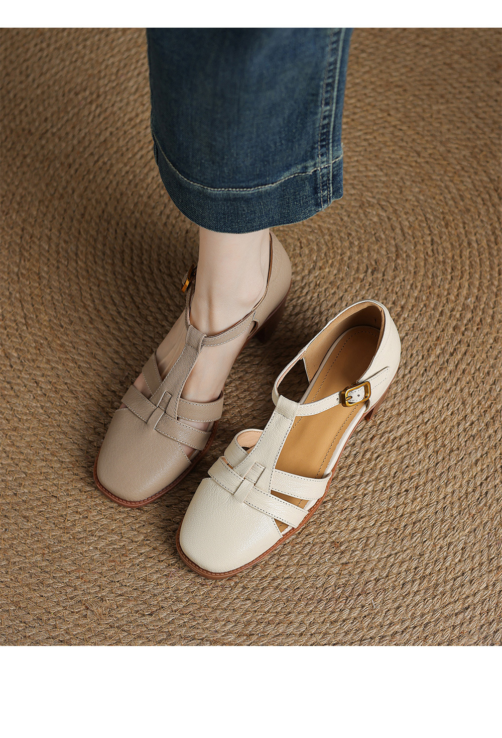Sandal nữ quai ngang da cừu kiểu La Mã đế dày khoét lỗ dệt — Màu trắng nhạt chi tiết 3