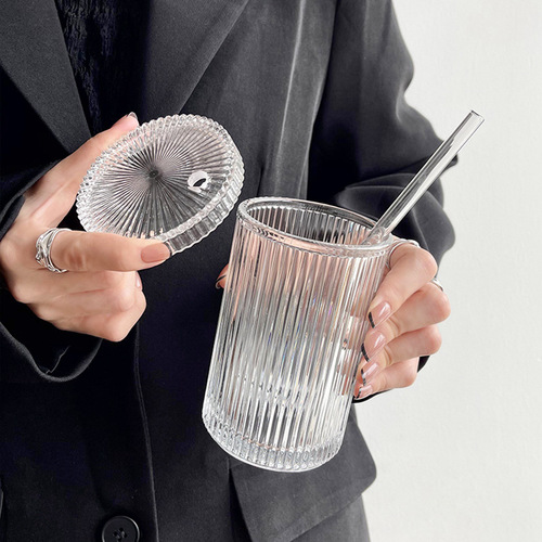 Ins-style striped glass cup with lid and straw, simple water cup for home use, drinking cup, milk cup, breakfast cup