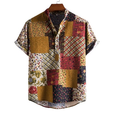 AliExpress 2021 new pattern Men's Stand collar Flax Short sleeved shirt Ethnic style printing shirt A generation of fat