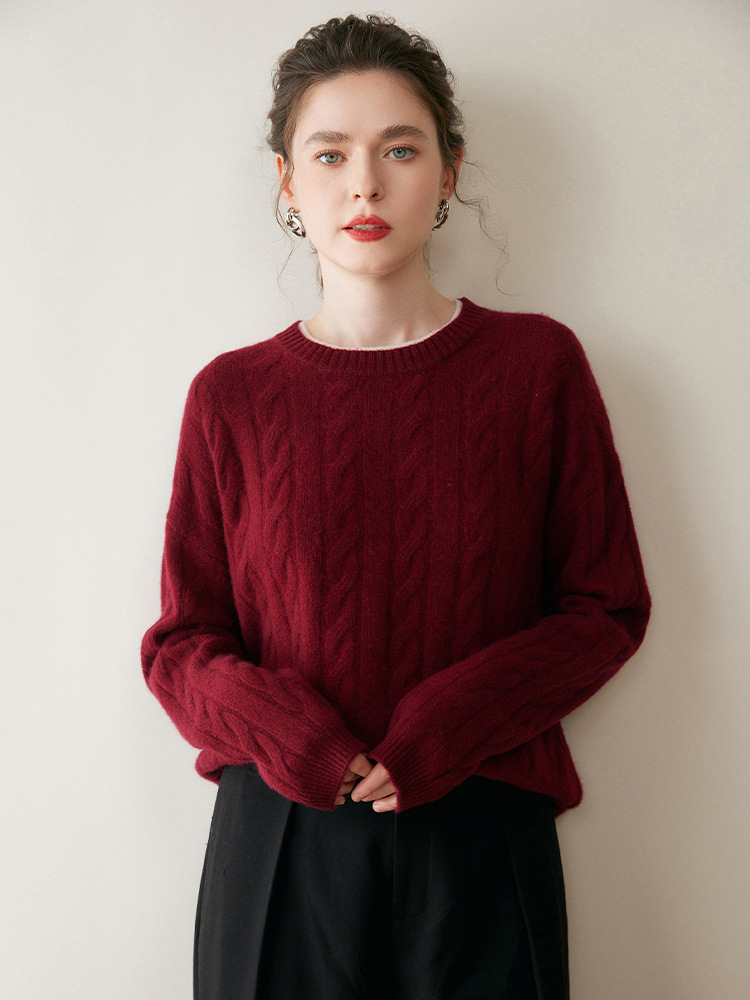 双股加厚山羊绒衫圆领双层领麻花针织毛衣女士套头秋冬新款打底衫