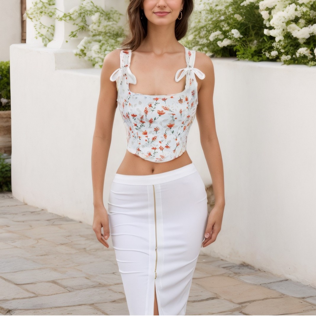 Flor blanca fresca francesa impresión cinturón de hombro para el pecho de la corte top Amazon