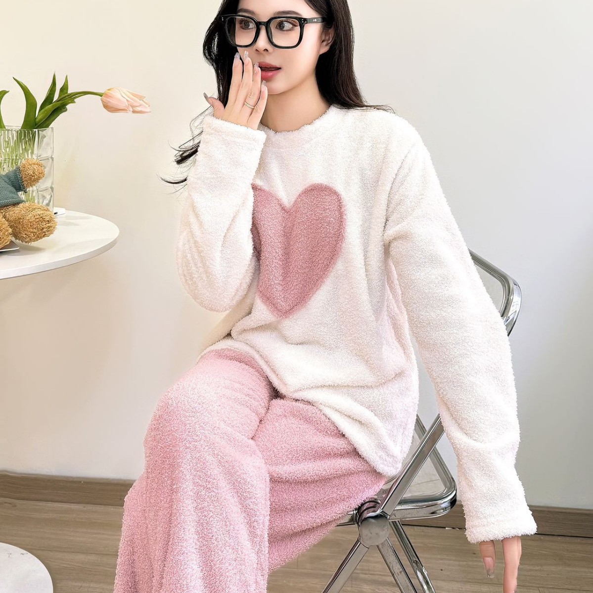 新款秋冬家居服女加绒加厚珊瑚绒保暖睡衣甜美爱心可外穿居家套装