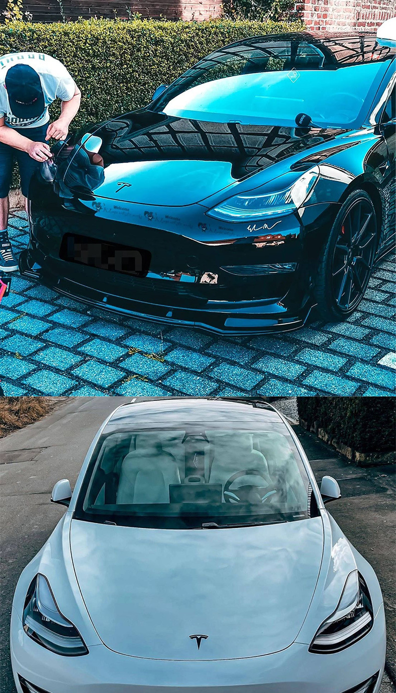 Suitable for Tesla Model Y Front Lip Modification Three-Stage Front Lip Non-Destructive Installation Bright Black Carbon Fiber Pattern Installation