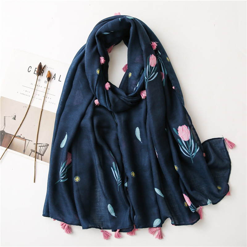 151g Weight Indoor Occasion Flower Pattern Women'S Gender Elegant Style Pink Korean Fashion Shawl Long Silk Scarf