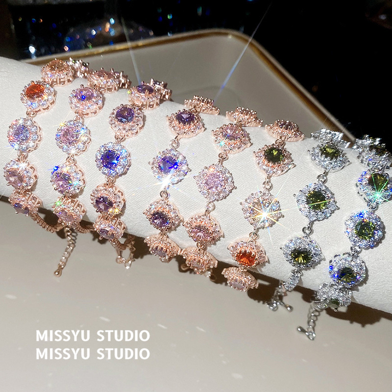 Monet Garden Rose Gold Colored Zircon Round Bracelet, Light Luxury Niche Fashion Bracelet, Sweet Dopamine Jewelry