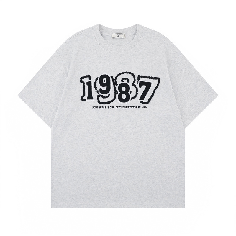 Summer New Age 1987 Digital Towel Embroidered Loose Round Neck Short-sleeved T-shirt Men's Instagram Popular Brand Casual Top Summer New Age 1987 Digital Towel Embroidered Loose Round Neck Short-sleeved T-shirt Men's Instagram Popular Brand Casual Top