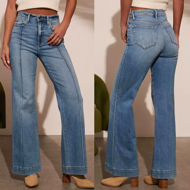 欧美弹力牛仔裤女新款热销亚马逊水洗弹力阔腿长裤时尚气质牛仔裤