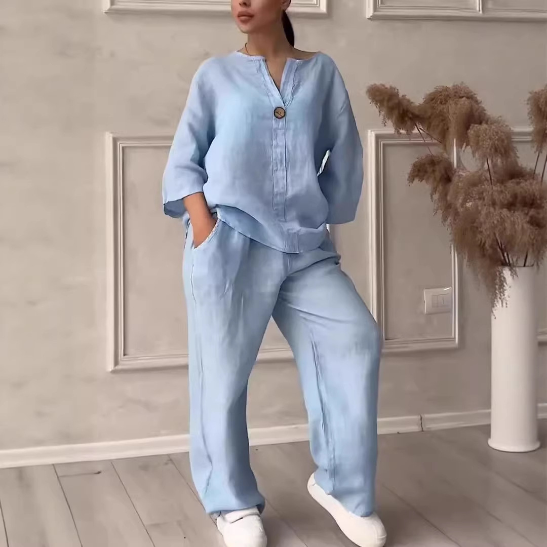 Ensemble de vêtements décontractés pour femmes en coton et lin : haut ample et confortable, pantalon large. Mode pour occasions formelles et décontractées._voghion.com
