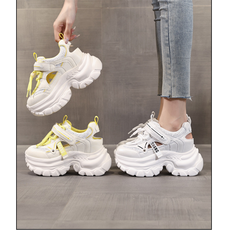 Giày sneaker nữ đế dày chunky thoáng khí mặt lưới đục lỗ độn cao bên trong — Màu trắng chi tiết 17