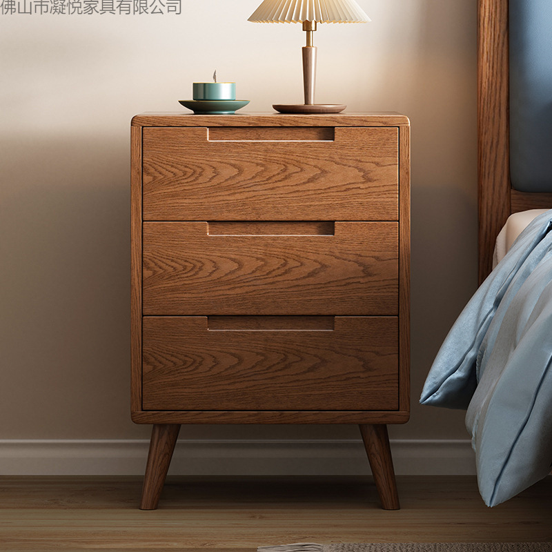 All Solid Wood Three-Drawer Bedside Table Oak Log Storage Cabinet Nordic Bedroom Storage Cabinet Chest Cabinet Fully Equipped Nordic Style