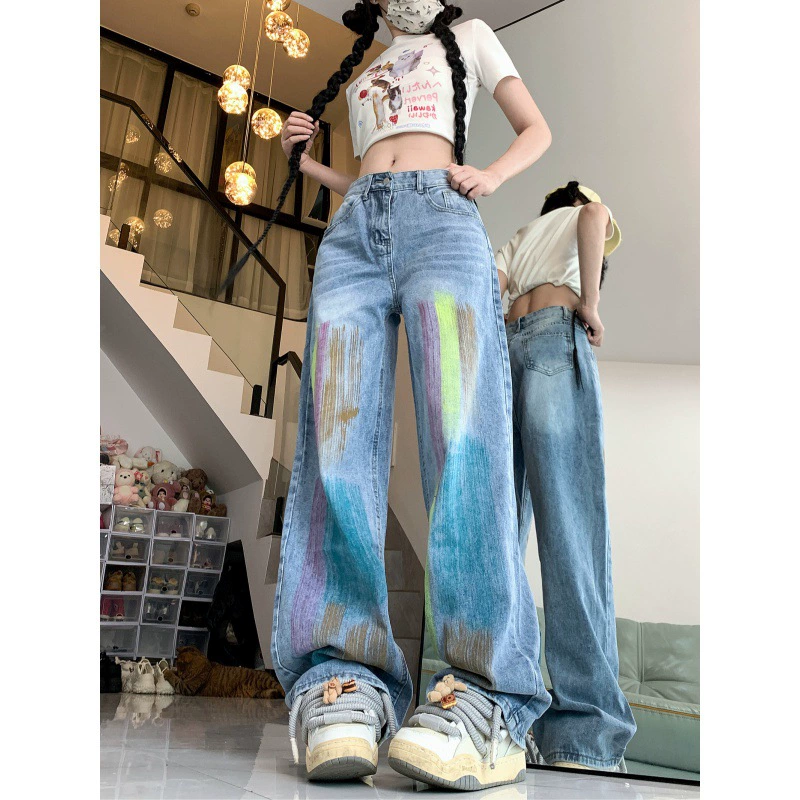2024-май Ретро цветные граффити широкие ноги прямые тонкие дикие джинсовые широкие брюки с высокой талией