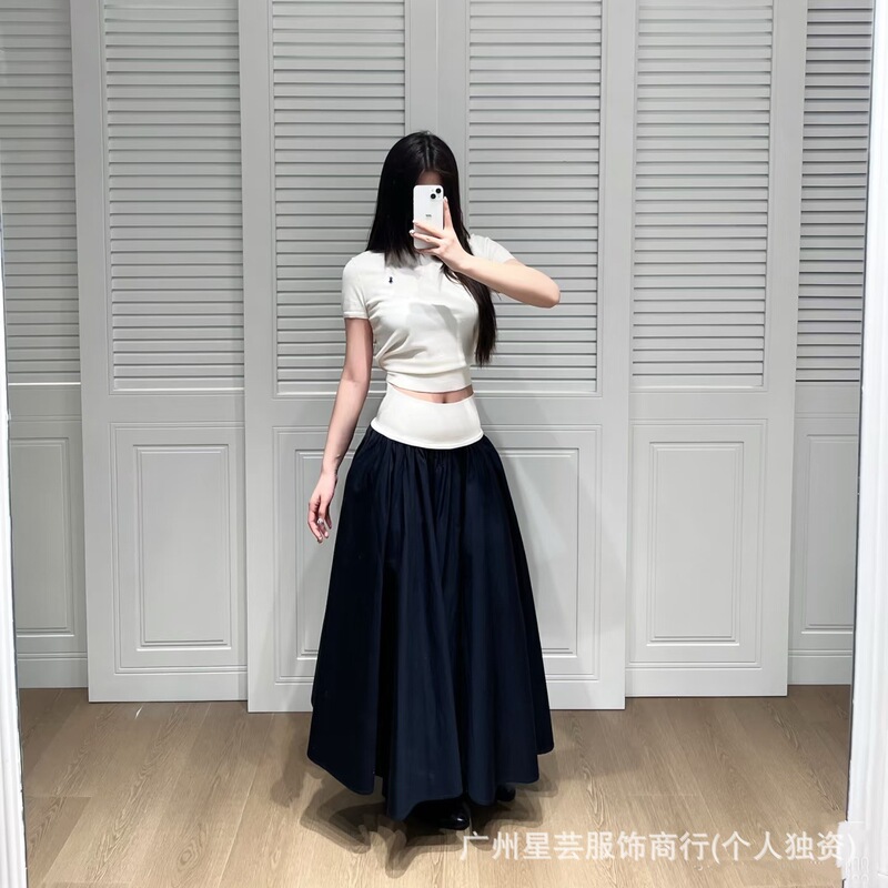 High-End Version 26 Spring/Summer Pony Embroidery A-Line Color-Blocked Flared Skirt Pony Knit Round Neck Short-Sleeve T-Shirt for Women