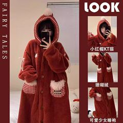 珊瑚绒睡袍女款秋冬季加厚加绒法兰绒可爱猫咪连帽浴袍家居服睡衣