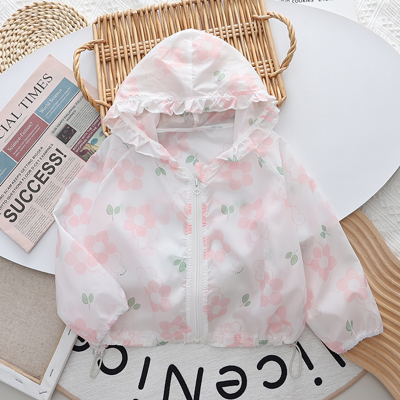 베이비 프린트 자외선 차단 재킷, 얇은 외출, 여아 여름 가디건, 아동 후드 탑, 해변 캠핑 트렌드