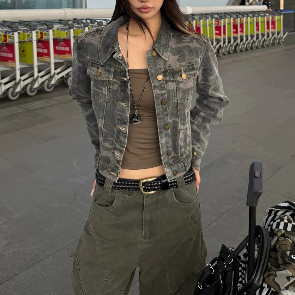 美式复古迷彩结构工装短款牛仔外套男女新款宽松休闲百搭夹克上衣