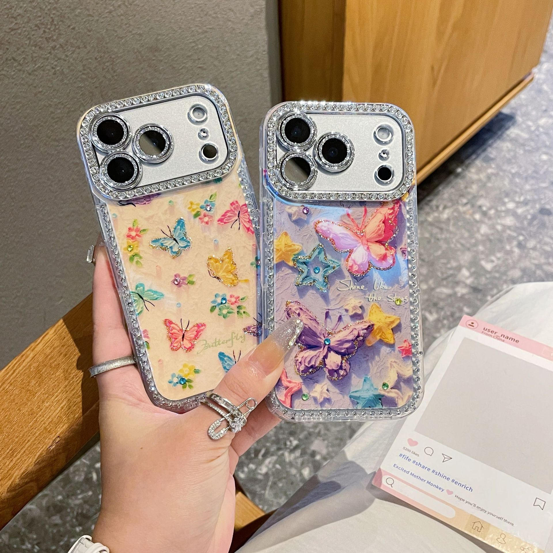 韩风立体水钻适用苹果17promax手机壳蓝光花朵蝴蝶16带闪粉镜头膜