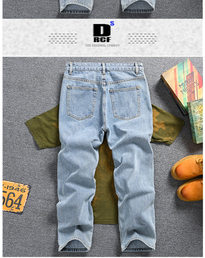 Men's Clothing Retro Distressed Patchwork Jeans For Men, Loose Straight Leg, Trendy Brand Pants._mkmklike.com
