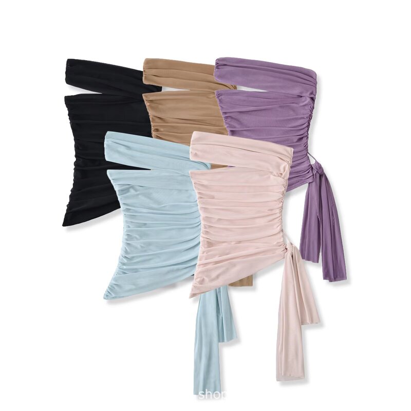 American-Style Off-Shoulder Sexy Single-Shoulder Sleeve Asymmetrical Ruched Sleeveless Top for Women with Mesh Slim Fit and Side Tie Strap Tube Top