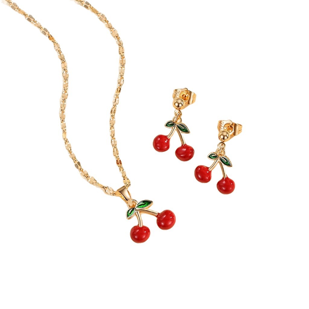 Frutas transfronterizas series colgante de cereza roja pendientes de orejas de oro para mujeres goteo de aceite o conjunto de joyas de cadena