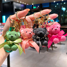 创意情侣树脂毛线熊钥匙扣公仔卡通小熊包包挂饰可爱熊钥匙链挂件