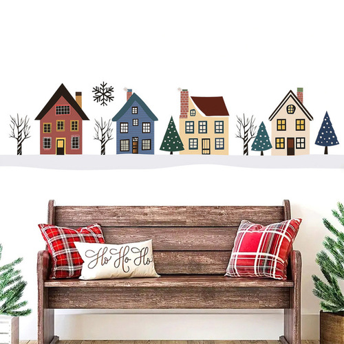 Cartoon Christmas Cozy Cottage Window Decal Self-Adhesive Wall Sticker Full-Transparent UV Dual-Sided Viewable Decorative Sticker