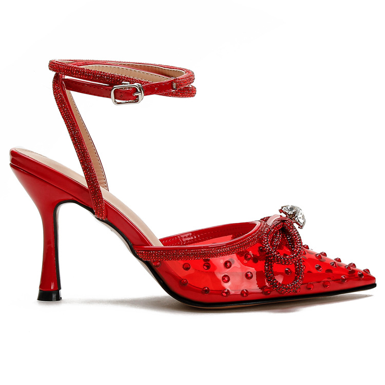 New rhine-diamond transparent high heel sandals women's fine heel pointed high heels with a line with a bun head_voghion.com