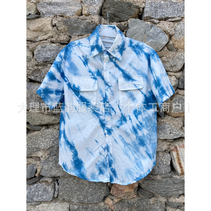 Dali Literary Handmade Tie-Dye Blue-Dyed Summer Cotton Short-Sleeved Men's Shirt Cardigan Travel Men's Daily Casual Men's