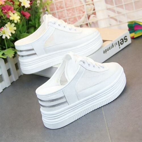 2026 spring and summer new style hollow breathable thick sole small white shoes women's inner height-increasing true soft leather half-support heelless one foot pedal